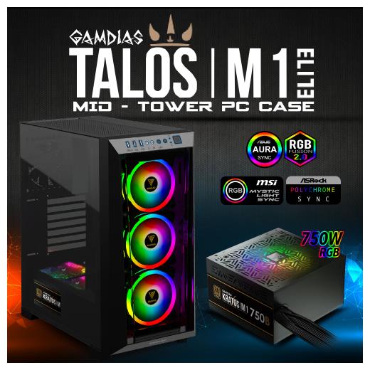 GAMDIAS TALOS M1 Elite, 750W, 80+ Bronze, Tempered Glass, ARGB, ATX GAMING KASA