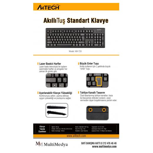 A4 TECH KM-720, Siyah, USB Kablolu, Türkçe Q, Multimedya KLAVYE