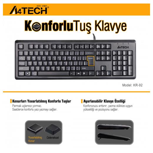 A4 TECH KR-92, Siyah, USB Kablolu, Türkçe Q, Multimedya, Klavye
