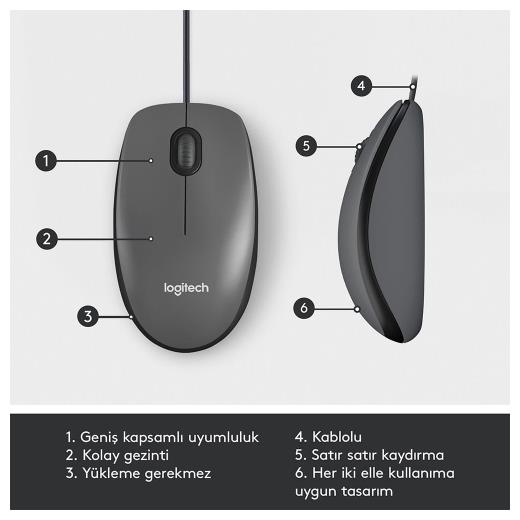 LOGITECH 910-006652, M100 Siyah, USB Kablolu, 1000dpi, Optik, 3 Tuşlu, Mouse