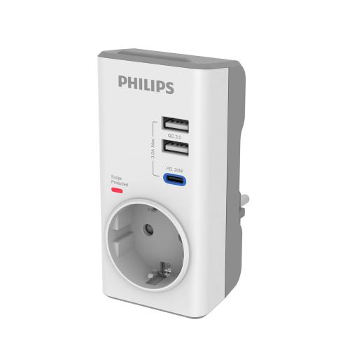 PHILIPS CHP8010W/10, Tekli, Akım Korumalı Priz, 380 Joules, PD 20W Hızlı Şarj, 1xUSB-C, 2xUSB-A, (Beyaz)