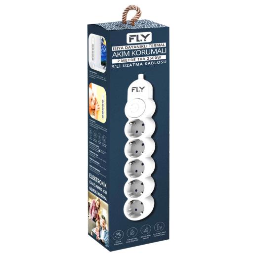 FLY 3394-01, 5 Soket, Akım Korumalı Priz, 2.1A, Anahtarlı, 2Mt Kablo, (Beyaz)