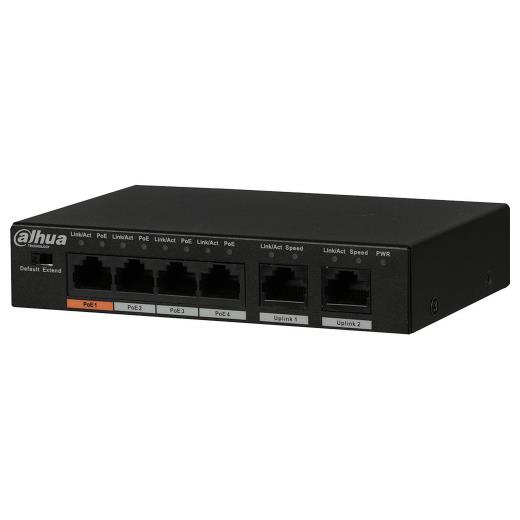 DAHUA PFS3006-4ET-60-V2, 4 Port, Megabit, PoE 60W, 2 Port Uplink, Yönetilemez, Masaüstü Switch