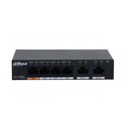 DAHUA PFS3006-4GT-60-V2, 4 Port, Gigabit, PoE 60W, 2 Port Uplink, Yönetilemez, Masaüstü Switch