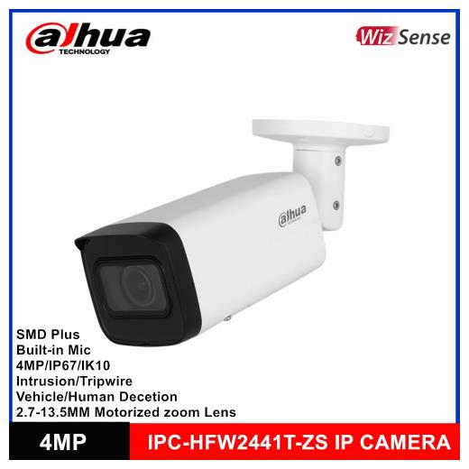DAHUA IPC-HFW2441T-ZAS-2713 4Mpix, 2,7-13,5mm Motorize Lens, H265+,Starlight, 60Mt Gece Görüşü, Dahili Mikrofon, IP67, PoE Bullet IP Kamera
