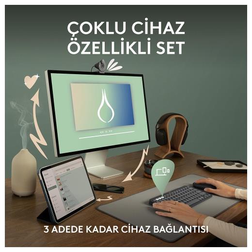 LOGITECH Pebble 2 Combo, Rose, 920-012247, Bluetooth, Türkçe, Q, Multimedya, Mini Klavye Mouse Set