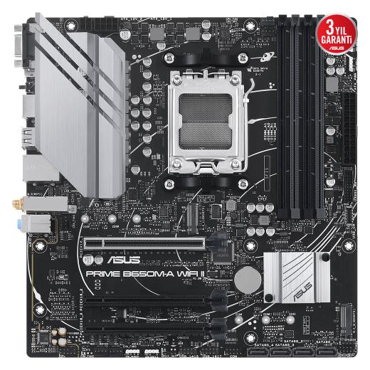 ASUS PRIME B650M-A WIFI II, 4xDDR5, 2x M.2, D-SUB, HDMI, DP, Wi-Fi 6, Bluetooth v5.2, AM5 Soket GAMING Anakart
