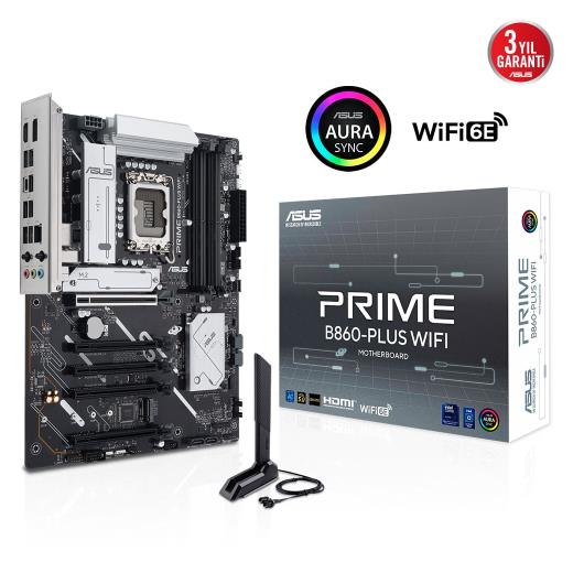 ASUS PRIME B860-PLUS WIFI, 4xDDR5, 2x M.2, HDMI, DP, Wi-Fi 6E, Bluetooth v5.3, Intel Core Ultra CPU(Seri 2), LGA1851 Soket, Gaming Anakart