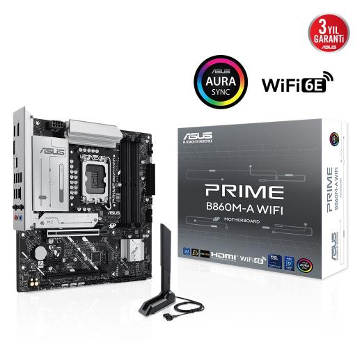 ASUS PRIME B860M-A WI-FI, 4xDDR5 2x M.2, HDMI, 2xDP, Wİ-Fİ 6E, Bluetooth v5.3, Type-C, Intel Core Ultra CPU(Seri 2), LGA1851 Soket Anakart