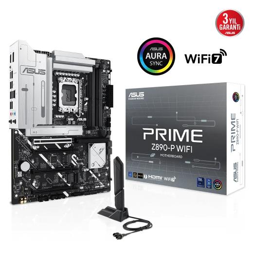 ASUS PRIME Z890-P WIFI, 7600MHz, 4xDDR5 4x M.2, HDMI, DP, 1xThunderbolt, 4xType-C, Wi-Fi 7, Bluetooth 5.4, Intel Core Ultra CPU(Seri 2), LGA1851 Soket, Gaming Anakart