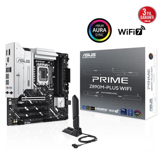 ASUS PRIME Z890M-PLUS WIFI, 7600MHz, 4xDDR5 3x M.2, HDMI, DP, Type-C, Wi-Fi 7, Bluetooth 5.4, Intel Core Ultra CPU(Seri 2), LGA1851 Soket, Gaming Anakart