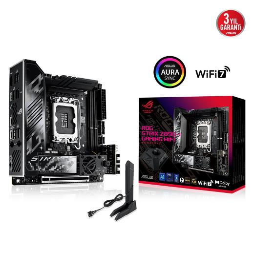 ASUS ROG STRIX Z890-I GAMING WIFI, 2xDDR5, 2xM.2, HDMI, 2xThunderbolt, 2xType-C, Wi-Fi 7, Mini ITX, Intel Core Ultra CPU(Seri 2), LGA1851 Soket, Gaming Anakart