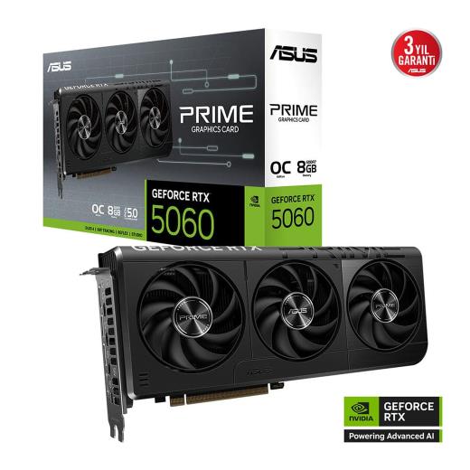 ASUS PRIME-RTX5060-O8G, 8Gb, 128Bit, GDDR7, 1xHDMI, 3xDP GAMING Ekran Kartı