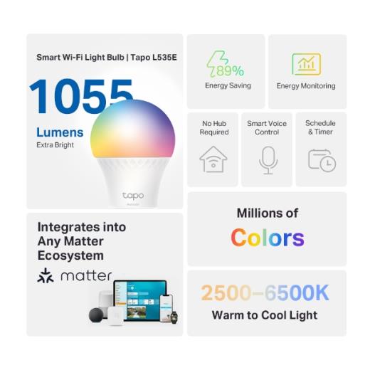 TP-LINK Tapo L535E, Wi-Fi, 75W, 1055 Lümen, Çok Renkli, Akıllı Ampul