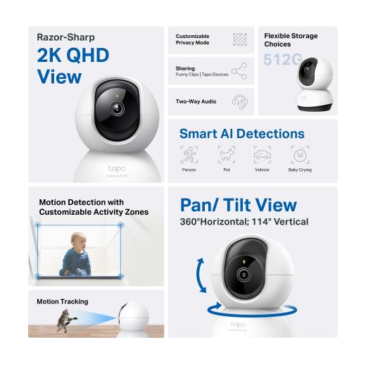 TP-LINK Tapo C220, 4,0Mpix, İç ve Dış Mekan, WiFi,  9Mt. Gece Görüşü, 360 Dönüş, İki Yönlü Ses Güvenlik Yapay Zeka Destekli Kamera