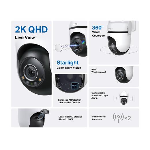 TP-LINK Tapo C520WS, 2K QHD, Yatay Dikey Dış Mekan IP66, WiFi, Renkli Gece Görüşü, İki Yönlü Ses Güvenlik Kamerası