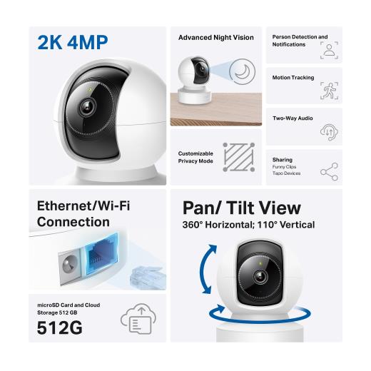 TP-LINK Tapo C222, 4,0Mpix, İç ve Dış Mekan, Wifi-Ethernet, 12Mt. Gece Görüşü, 360 Dönüş, Dikey ve Yatay Hareket, İki Yönlü Ses, Yapay Zeka Destekli Güvenlik Kamerası