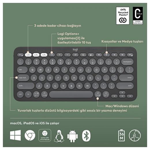 LOGITECH K380S, Pebble Keys 2,  Siyah, 920-011859, Bluetooth, Türkçe, Q, Multimedya, Mini Klavye