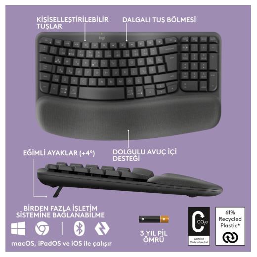 LOGITECH WAVE, 920-012311, Kablosuz, Türkçe Q, Multimedya, Dolgu Bileklikli Klavye