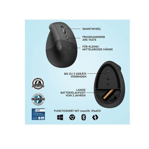 LOGITECH 910-006473, LIFT Siyah,  Bluetooth, 1000dpi, Optik, 6 Tuşlu, Kablosuz, Mouse