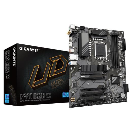 GIGABYTE B760 DS3H AX, rev.1.0, 4xDDR5, 2xM.2, DP, HDMI, Type-C, Wi-Fi 6E, Bluetooth v5.3, 12-13-14.Nesil, LGA1700 Soket, Anakart