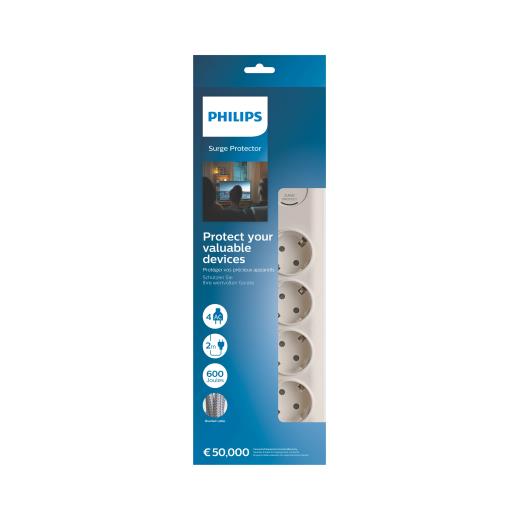 PHILIPS SPN7040WA/62, 4 Soket, Akım Korumalı Priz, 600 Joules, 2Mt Örgülü Kablo, (Beyaz)