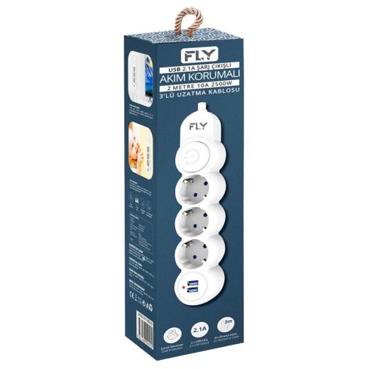 FLY 3393-01, 3 Soket, 2 USB, Akım Korumalı Priz, 2.1A, Anahtarlı, 2Mt Kablo, (Beyaz)