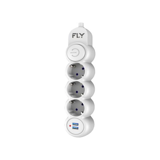 FLY 3393-01, 3 Soket, 2 USB, Akım Korumalı Priz, 2.1A, Anahtarlı, 2Mt Kablo, (Beyaz)