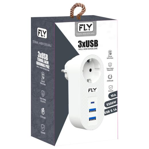 FLY 3400-01, 1 Soket, 2 USB, 1 Type-C, Akım Korumalı Priz, 2.1A, (Beyaz)