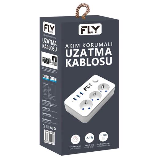 FLY 3406-01, 3 Soket, 3 USB, Akım Korumalı Priz, 2.1A, Anahtarlı, 2Mt Kablo, (Beyaz)