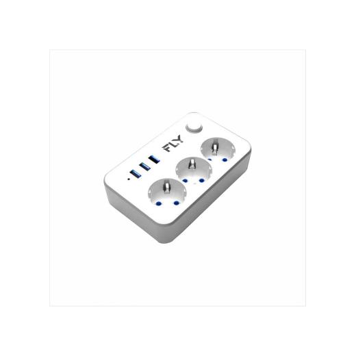 FLY 3406-01, 3 Soket, 3 USB, Akım Korumalı Priz, 2.1A, Anahtarlı, 2Mt Kablo, (Beyaz)