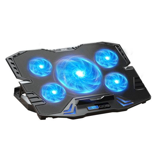 DEXIM DNA003, 5ad Fan, 10"-17" Notebook Soğutucu, 5 Kademeli Stand, 5 Farklı Program, Ayarlanabilir Hız, Mavi Ledli (Siyah)