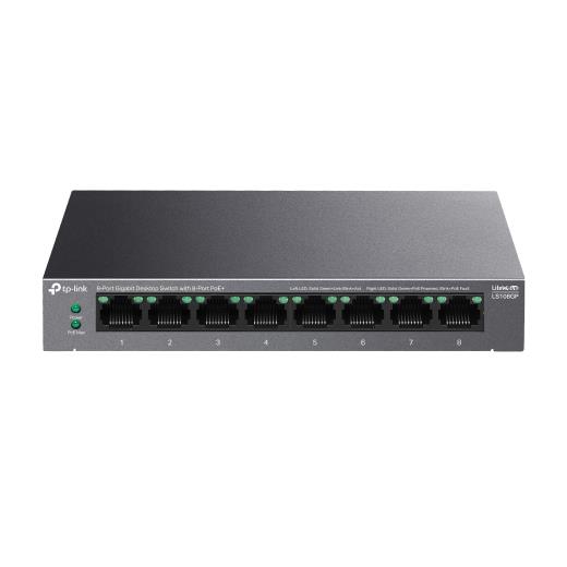 TP-LINK LS108GP, Green Tech, 8 Port GigaBit, PoE 62W, Yönetilemez, Metal Kasalı Switch
