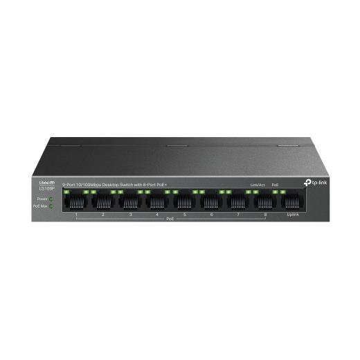TP-LINK LS109P, Green Tech, 8 Port MegaBit, POE 63W, 1 Port Uplink, Long Range 250Mt, Yönetilemez, Metal Kasalı Switch