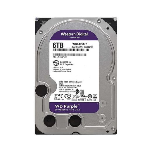 WD PURPLE, WD64PURZ, 3.5", 6TB, 256Mb, 5400 Rpm, 7/24 Güvenlik, HDD (Türkiye Distribütörü Garantili)