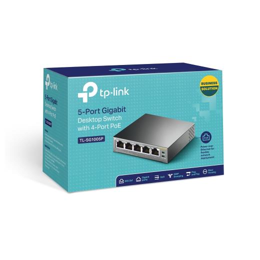 TP-LINK TL-SG1005P, 5 Port, GigaBit, 4 Port PoE 56W, Yönetilemez, Metal Kasa, Masaüstü Switch
