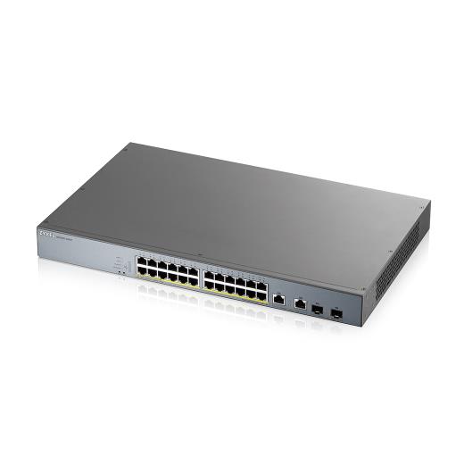 ZyXEL GS1350-26HP, 24 Port, GigaBit, PoE 375W, 2 Port GigaBit SFP, Yönetilebilir, Rackmount Switch