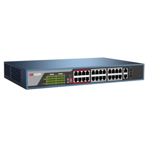 HIKVISION DS-3E0326P-E/M(B), 24 Port, MegaBit, PoE 250W, 1 Port GigaBit Uplink, 1 Port GigaBit SFP, Yönetilemez, Rack Mount Switch