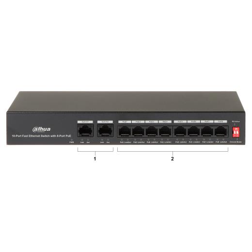 DAHUA PFS3010-8ET-65, 8 Port, MegaBit, PoE 65W, 2 Port Uplink, Yönetilemez, Masaüstü Switch