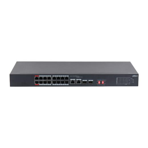 DAHUA S3218-16ET-135, 16 Port, Megabit, PoE 135W, 2 Port GigaBit Uplink, 2 Port GigaBit SFP, Longe Range 250Mt, Yönetilemez, Rack Mount Switch