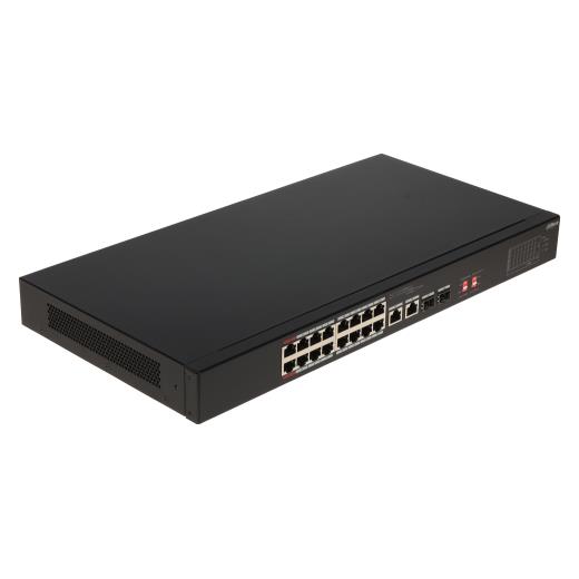 DAHUA S3218-16ET-135, 16 Port, Megabit, PoE 135W, 2 Port GigaBit Uplink, 2 Port GigaBit SFP, Longe Range 250Mt, Yönetilemez, Rack Mount Switch