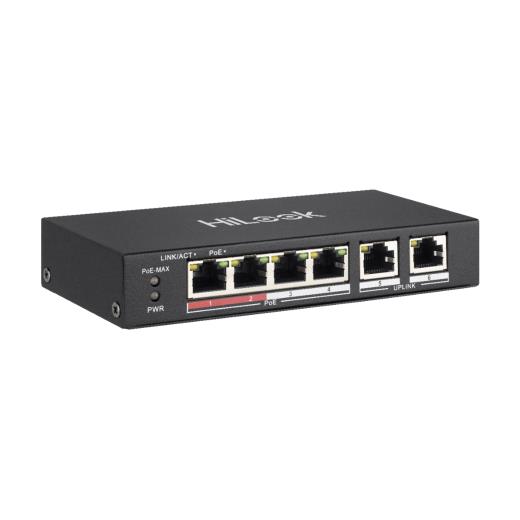 HILOOK NS-0106P-35(B), 4 Port, Megabit, PoE 60W, 2 Port Megabit Uplink, Long Range 250Metre, Yönetilemez, Masaüstü Switch