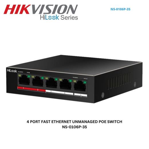 HILOOK NS-0106P-35(B), 4 Port, Megabit, PoE 60W, 2 Port Megabit Uplink, Long Range 250Metre, Yönetilemez, Masaüstü Switch