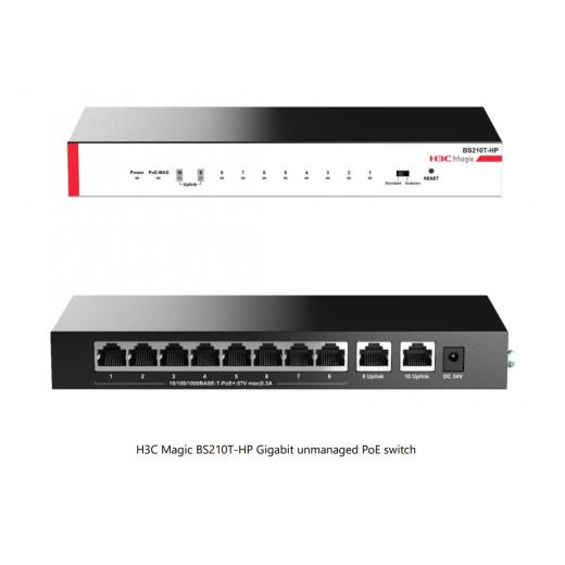 H3C Magic BS210T-HP, 10 Port, GigaBit, 8 Port PoE, 110W, +2 Port GigaBit Uplink, Metal Kasa, Yönetilemez, Masaüstü Switch