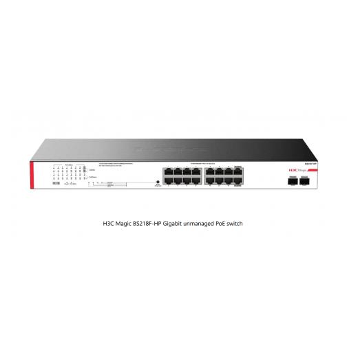 H3C Magic BS218F-HP, 18 Port, GigaBit, 16 Port PoE, 225W, 2 Port GigaBit Uplink, +2 Port GigaBit SFP, Metal Kasa, Yönetilemez, Rack Mount Switch