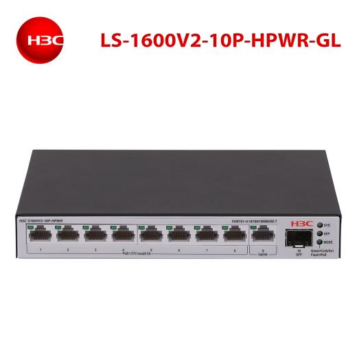 H3C S1600V2-10P-HPWR, 8 Port, GigaBit, PoE 125W, L2, 1 Port GigaBit Uplink, 1 Port GigaBit SFP, Web Yönetilebilir, Masaüstü Switch