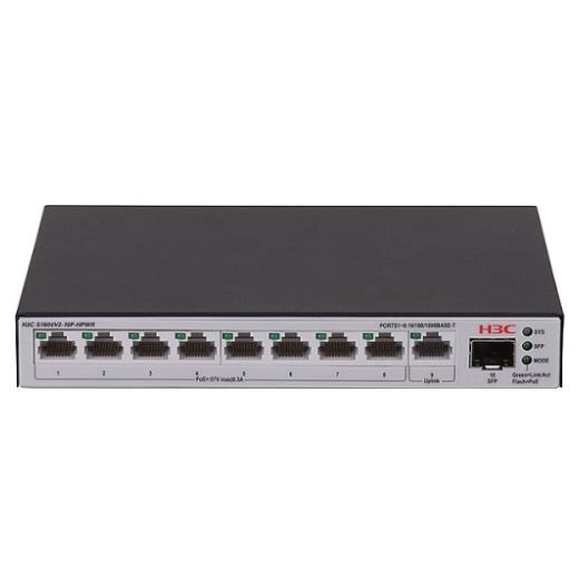 H3C S1600V2-10P-HPWR, 8 Port, GigaBit, PoE 125W, L2, 1 Port GigaBit Uplink, 1 Port GigaBit SFP, Web Yönetilebilir, Masaüstü Switch