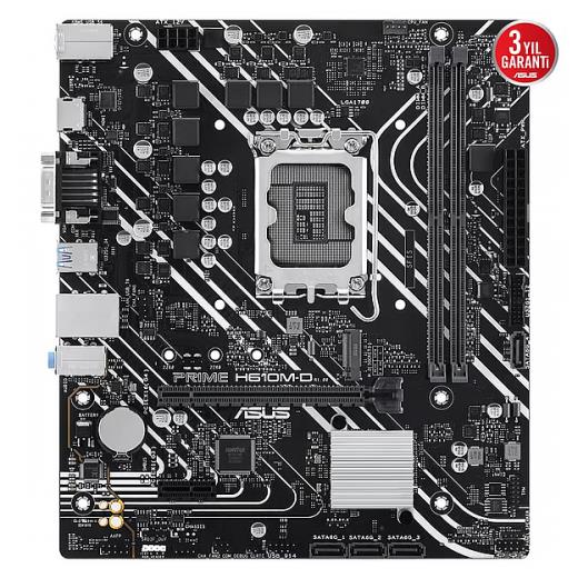 ASUS PRIME H610M-D, 2xDDR5, M.2, D-SUB, HDMI, RS232 Port, 12-13.14.Nesil, LGA1700 Soket, Anakart